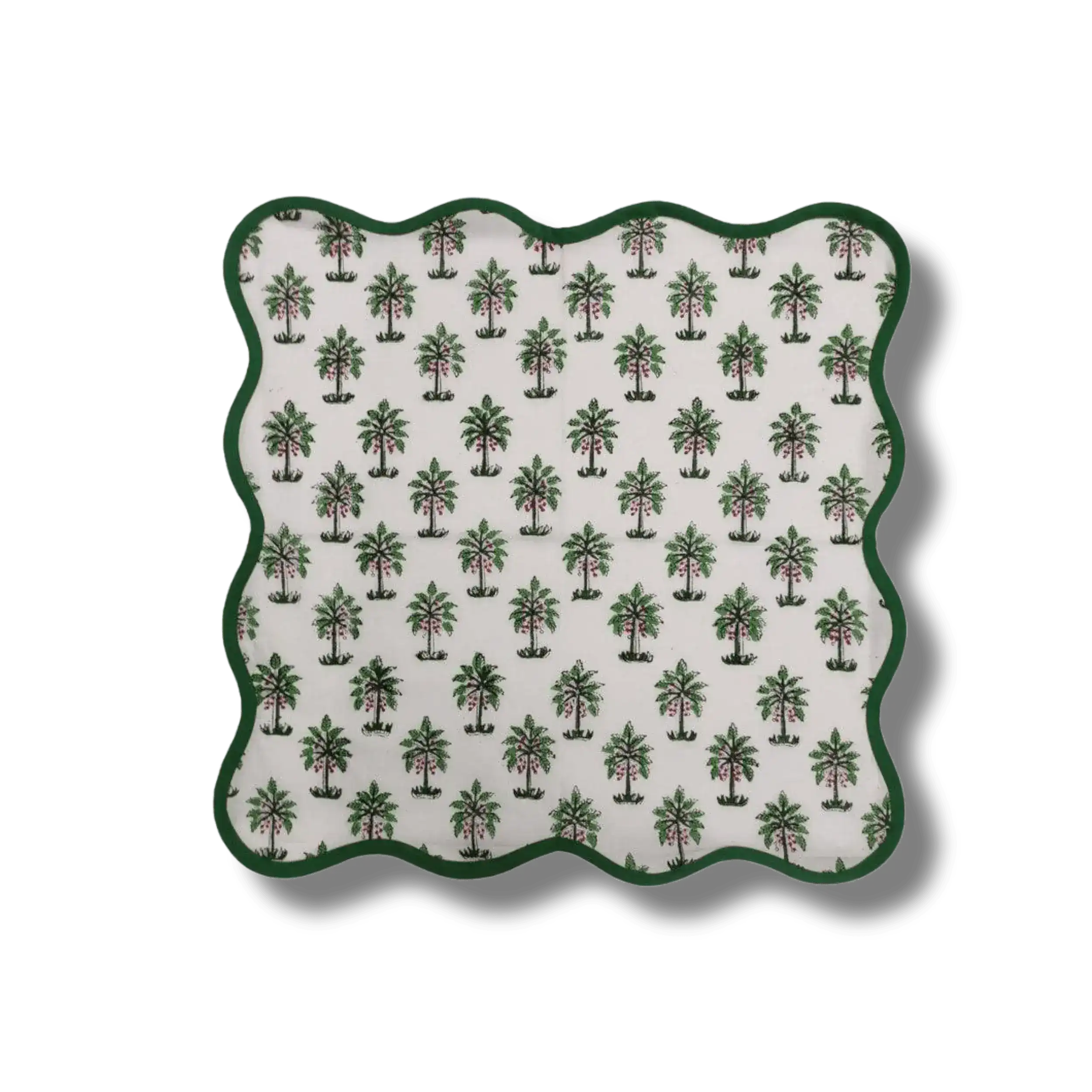 Lush Coconut Tree Block Printed Green and White Cotton Napkins