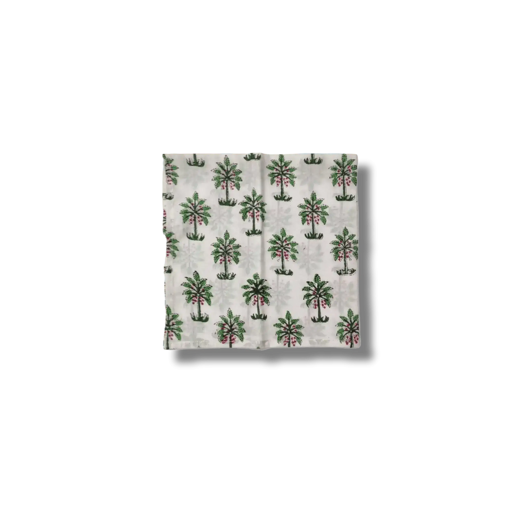 Lush Coconut Tree Block Printed Green and White Cotton Napkins
