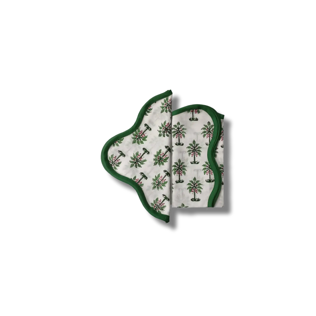 Lush Coconut Tree Block Printed Green and White Cotton Napkins