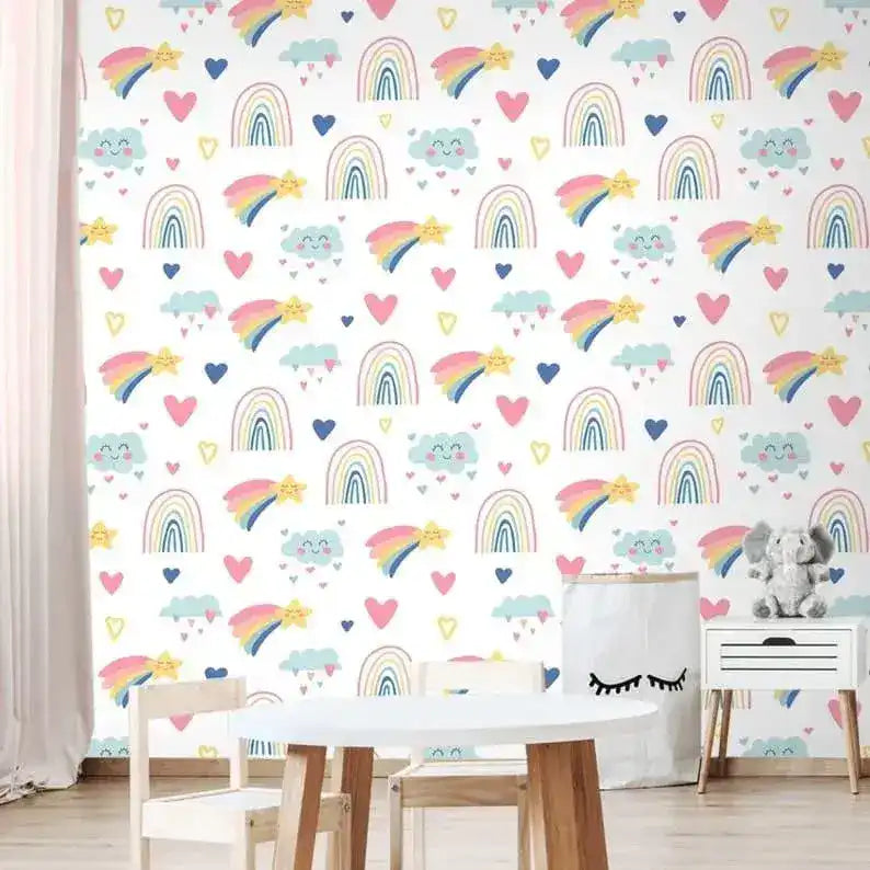Magic Rainbow Nursery White Wallpaper