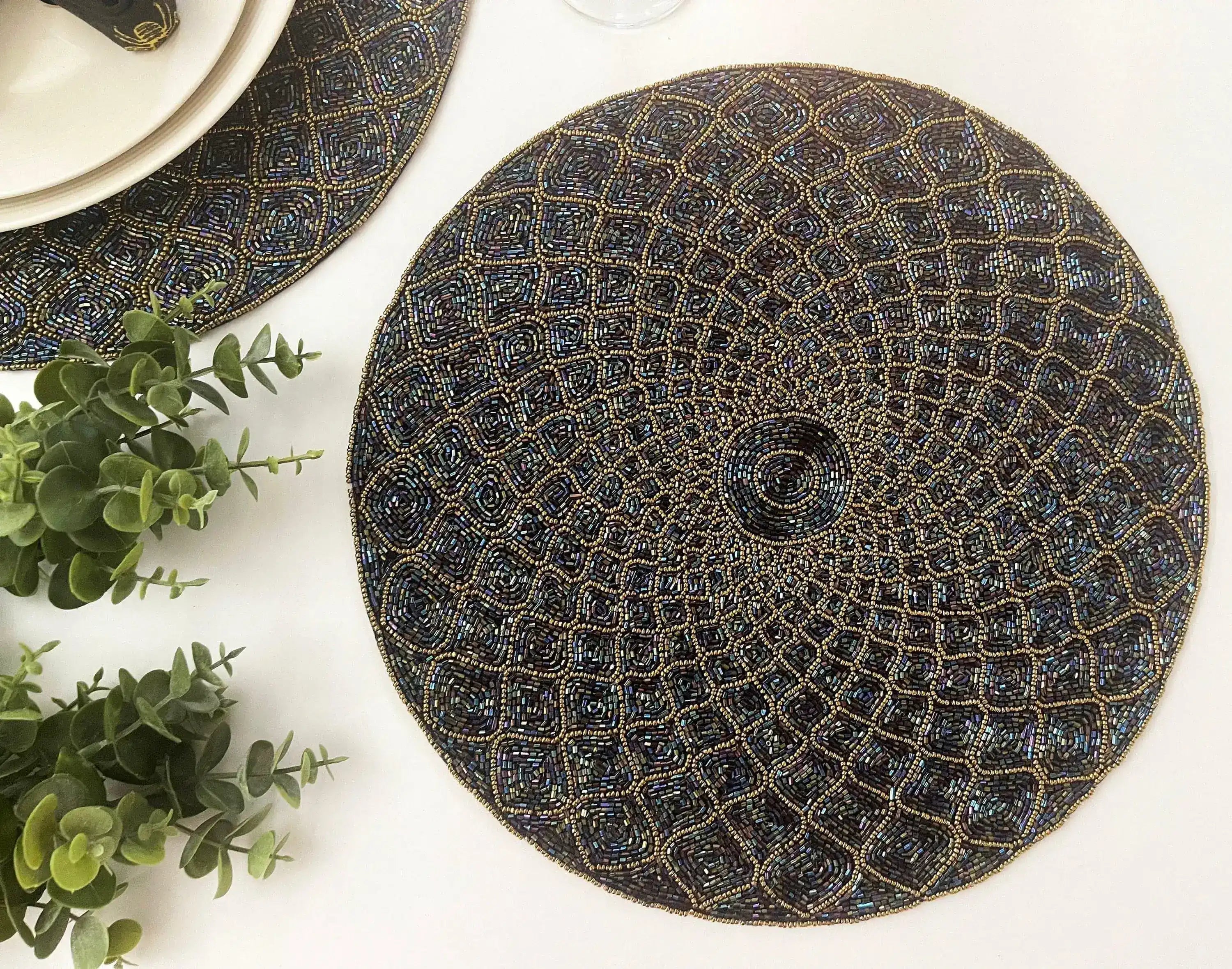 Moroccan Diamond Round Beaded Placemat - Blue