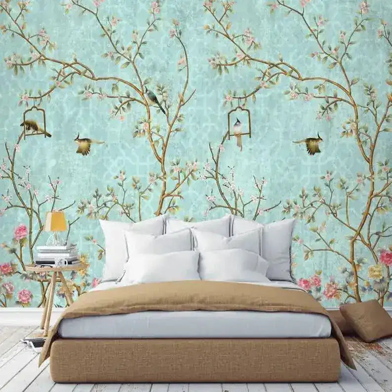 Pastel Green Birds and Tree Traditional Chinoiserie Wallpaper Mural