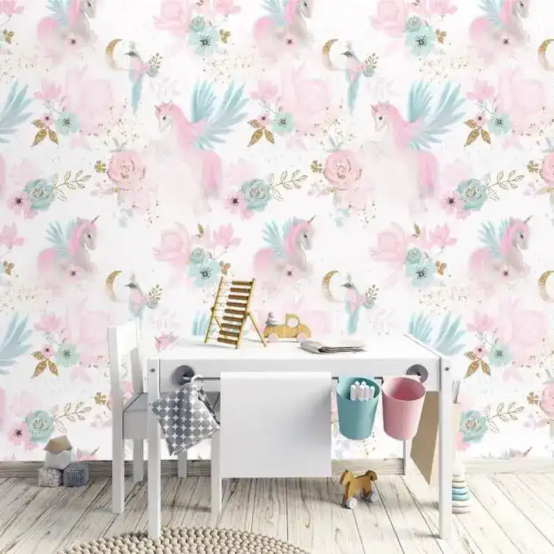 Pastel Pink Unicorn Floral Nursery Wallpaper