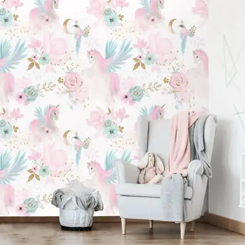 Pastel Pink Unicorn Floral Nursery Wallpaper