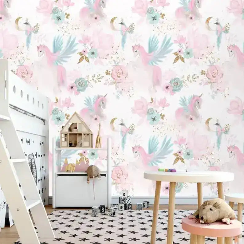 Pastel Pink Unicorn Floral Nursery Wallpaper