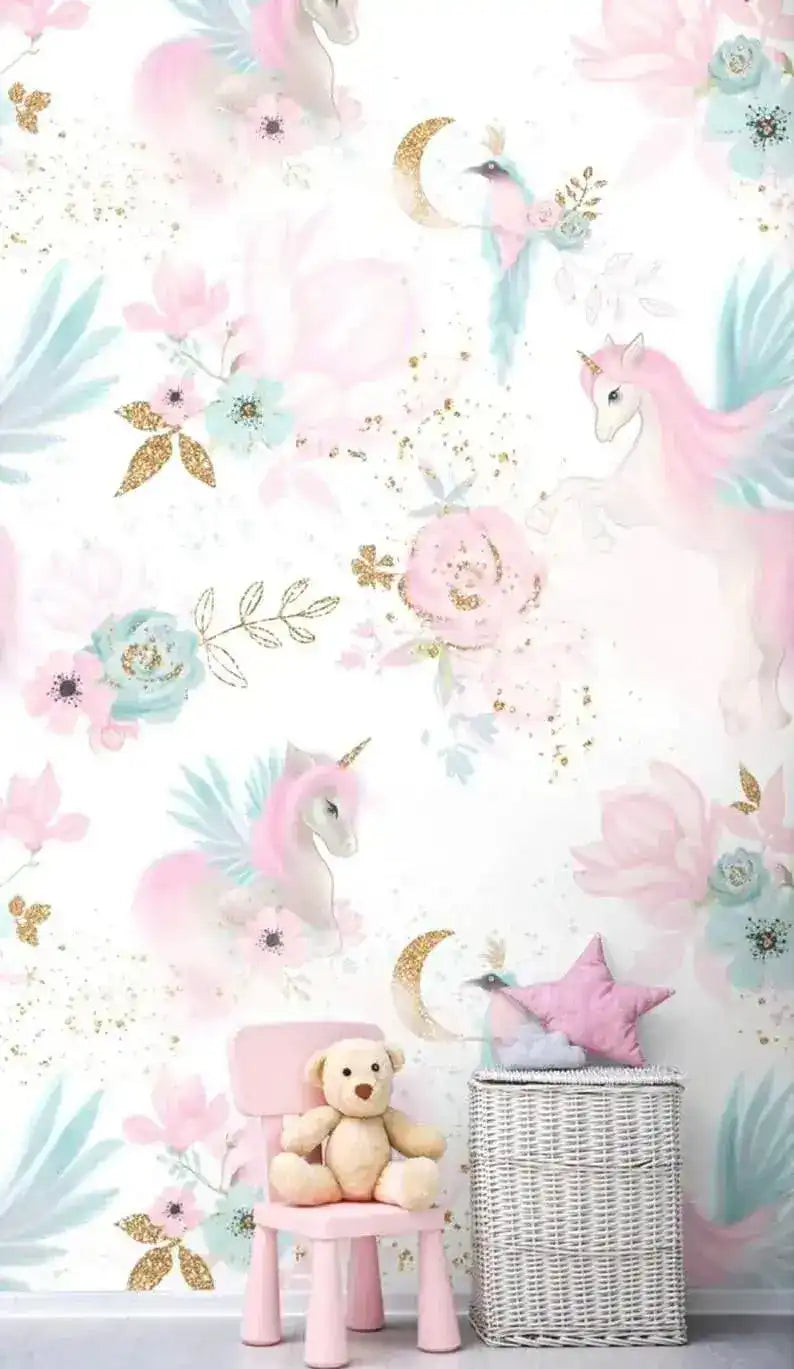Pastel Pink Unicorn Floral Nursery Wallpaper