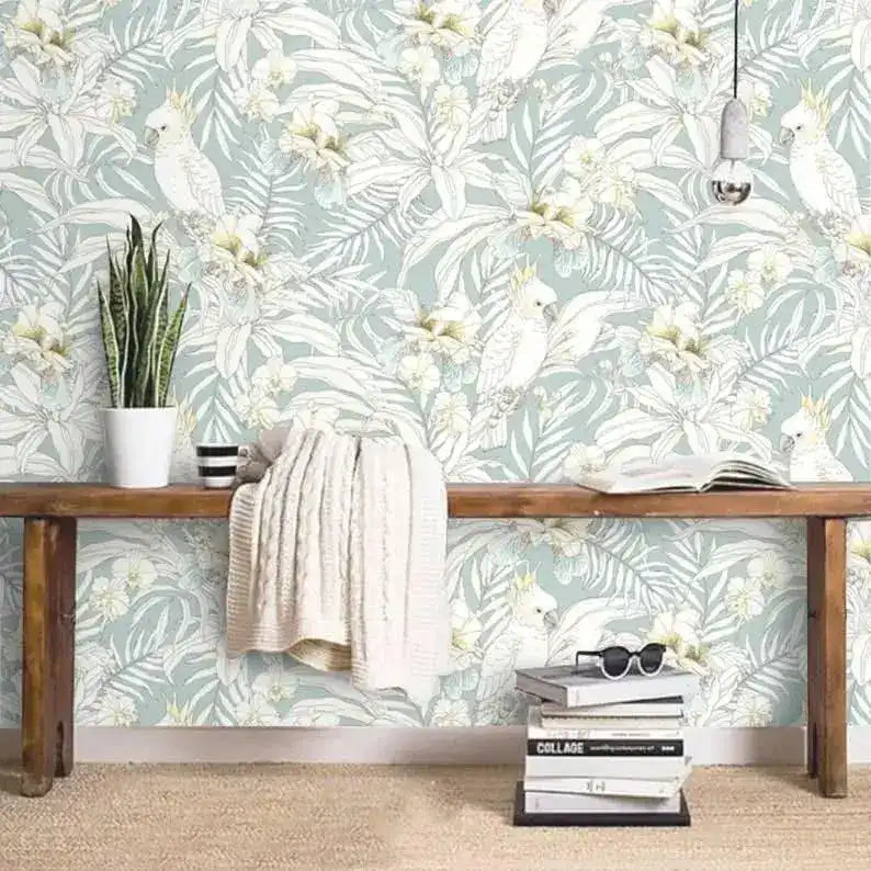 Pastel Tropical Parrot and Palm Leaves Wallpaper