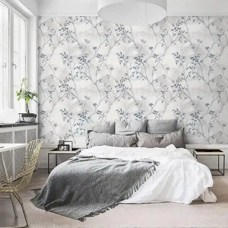 Pastel Vintage Gray Delicate Olive Branch Botanical Wallpaper