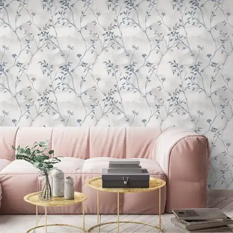 Pastel Vintage Gray Delicate Olive Branch Botanical Wallpaper