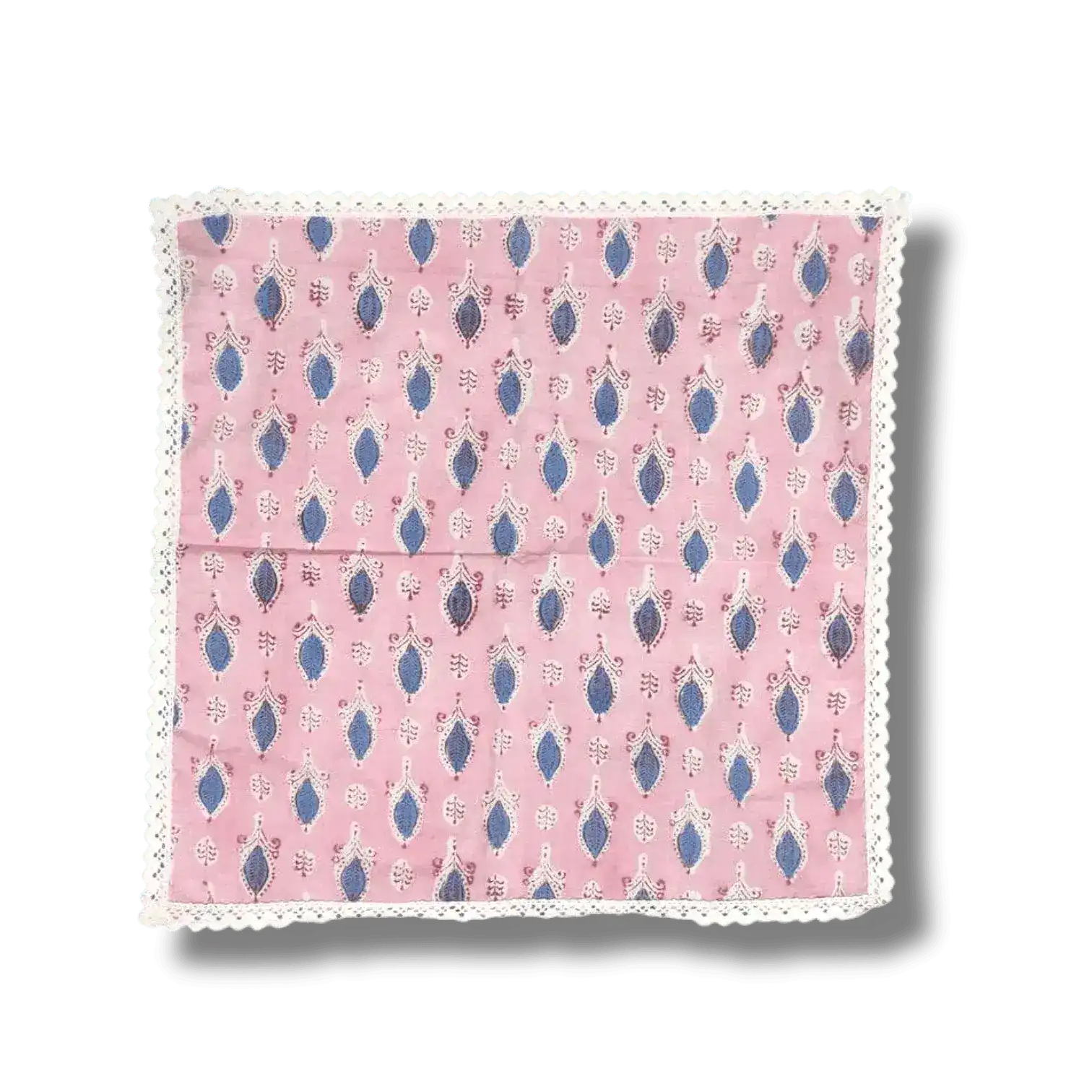 Pink and Blue Block Print Cotton Napkins with White Border Lace