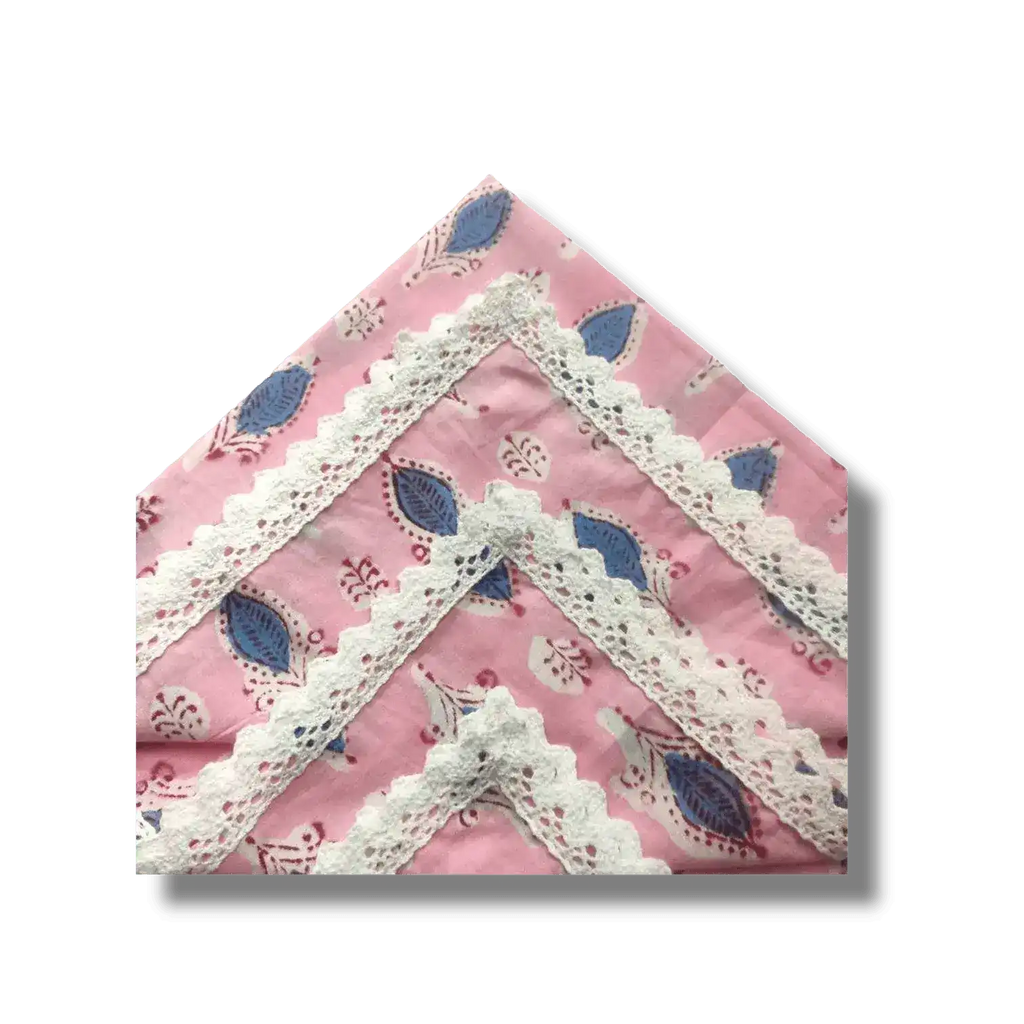 Pink and Blue Block Print Cotton Napkins with White Border Lace