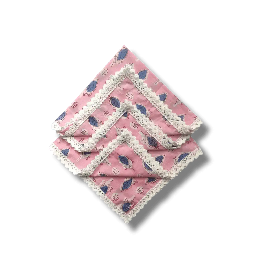 Pink and Blue Block Print Cotton Napkins with White Border Lace