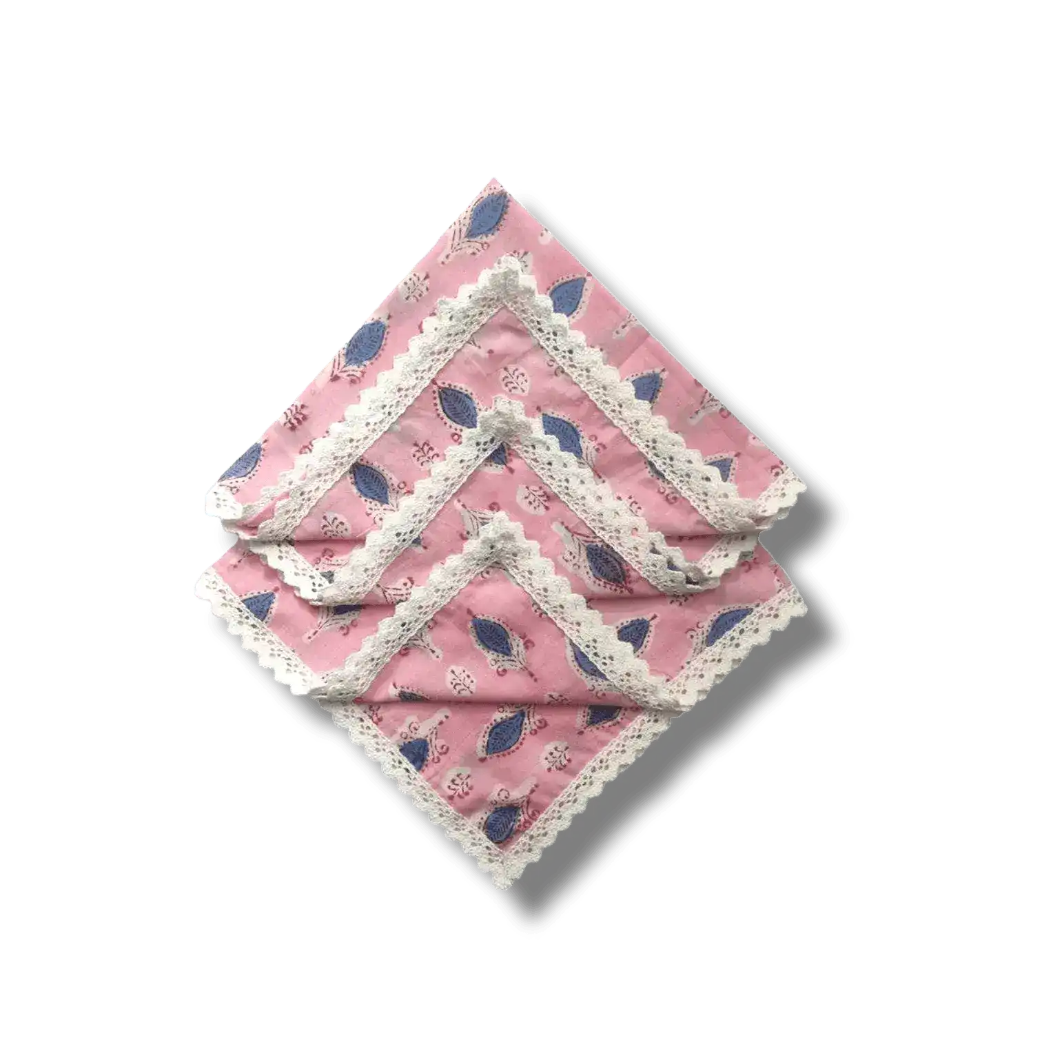 Pink and Blue Block Print Cotton Napkins with White Border Lace