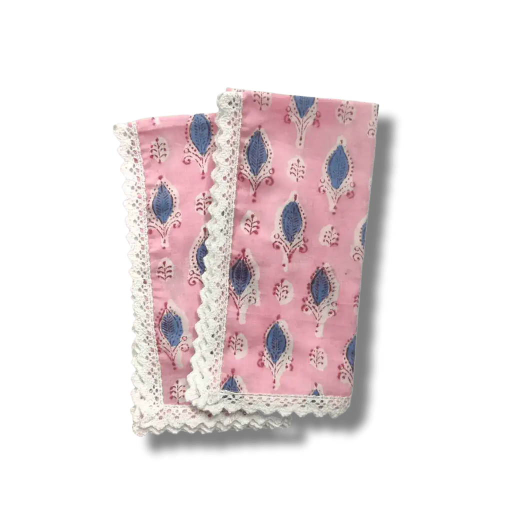 Pink and Blue Block Print Cotton Napkins with White Border Lace