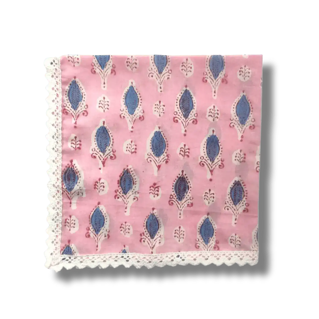 Pink and Blue Block Print Cotton Napkins with White Border Lace