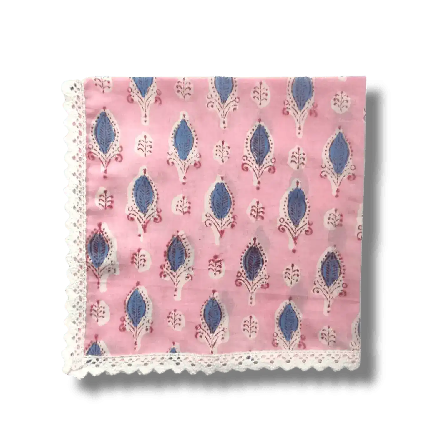 Pink and Blue Block Print Cotton Napkins with White Border Lace