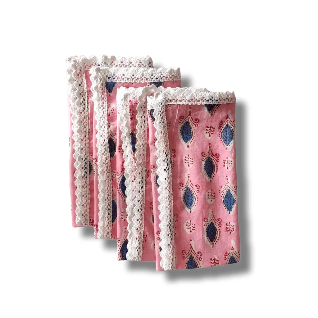 Pink and Blue Block Print Cotton Napkins with White Border Lace
