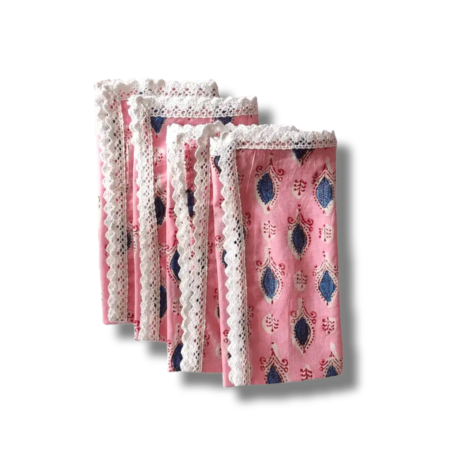 Pink and Blue Block Print Cotton Napkins with White Border Lace