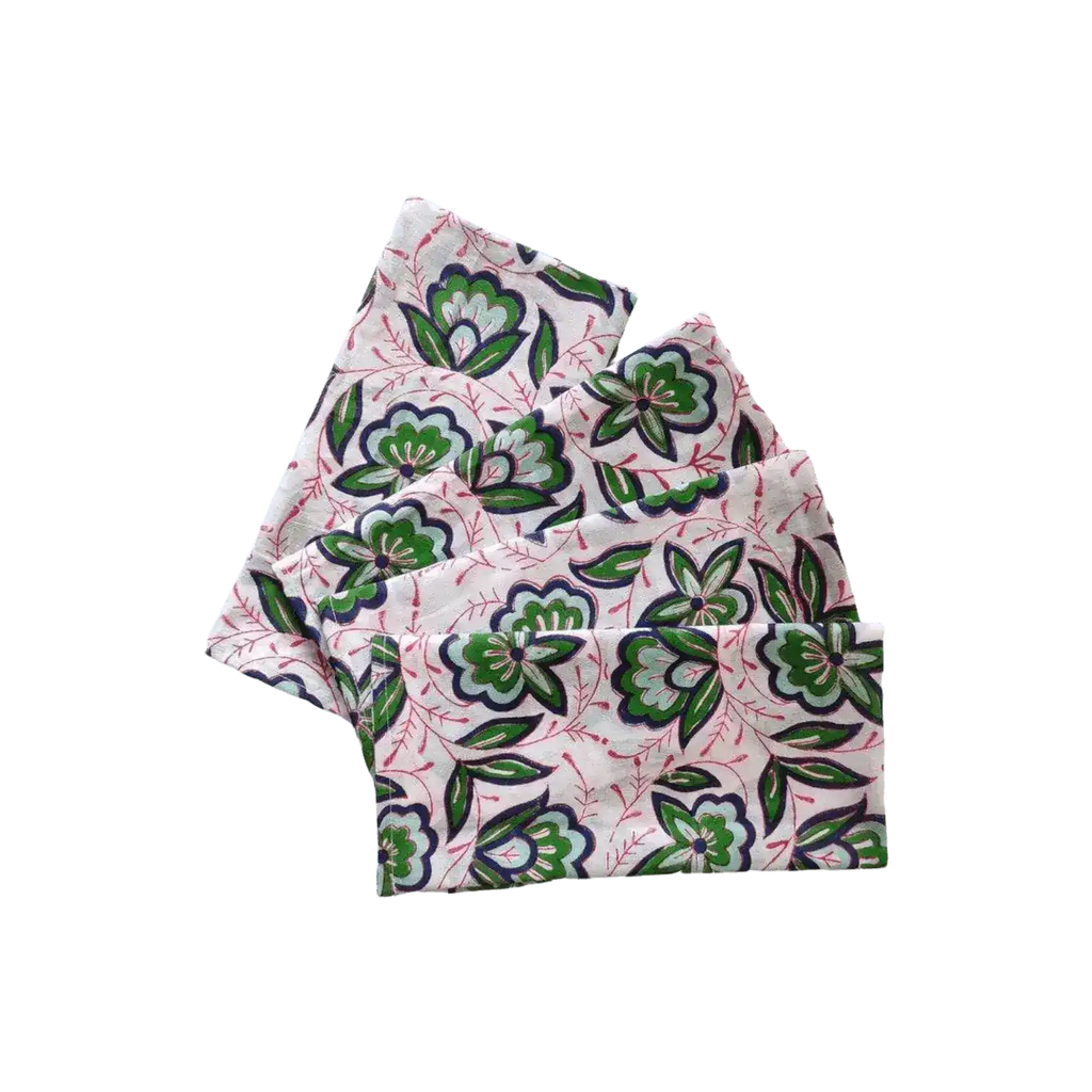 Pink and Green Floral Block Printed Cotton Napkins