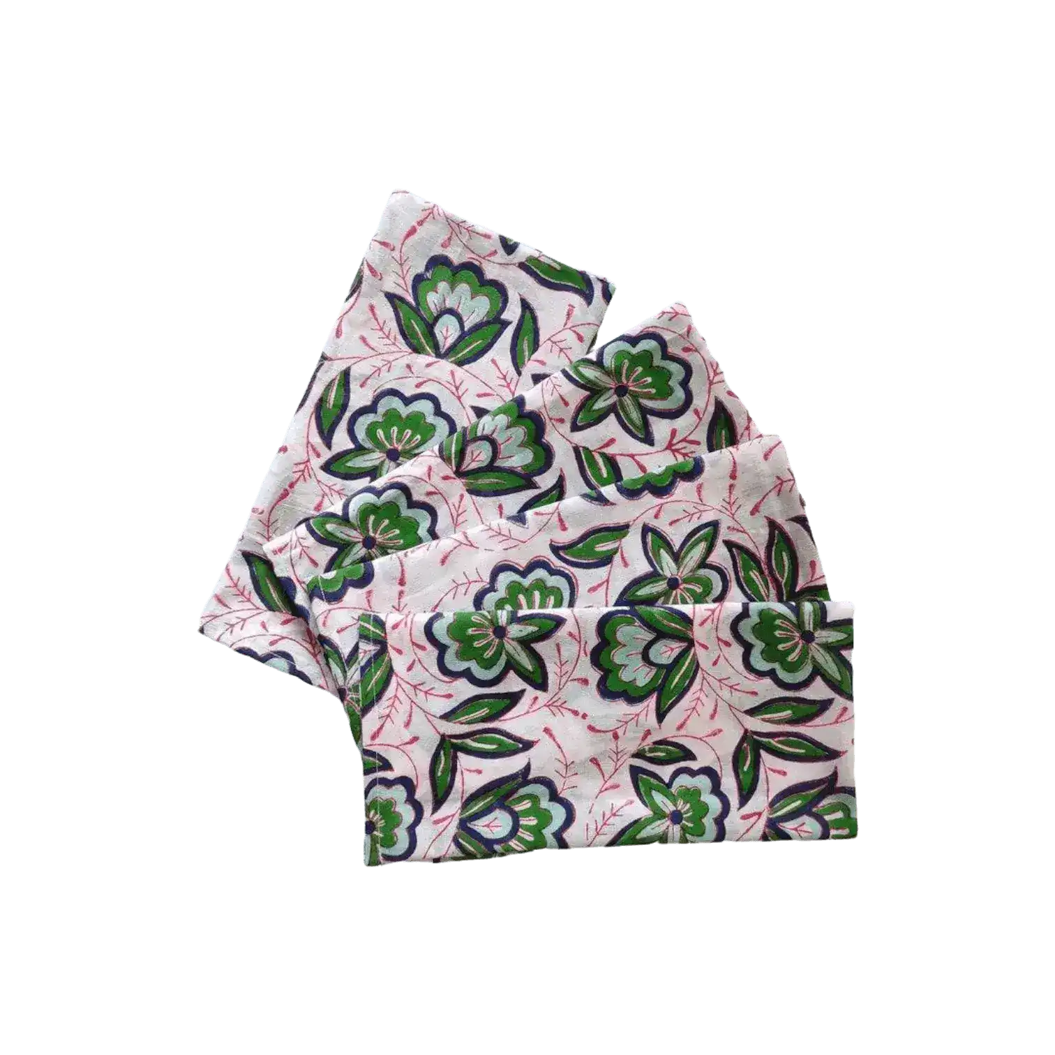 Pink and Green Floral Block Printed Cotton Napkins