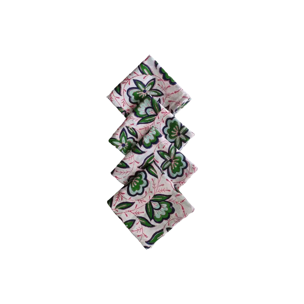 Pink and Green Floral Block Printed Cotton Napkins
