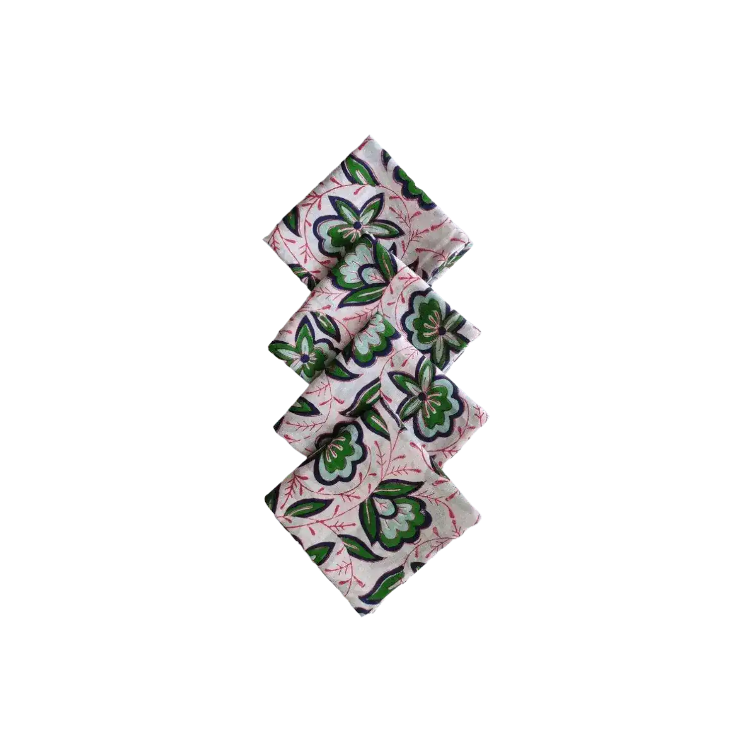 Pink and Green Floral Block Printed Cotton Napkins