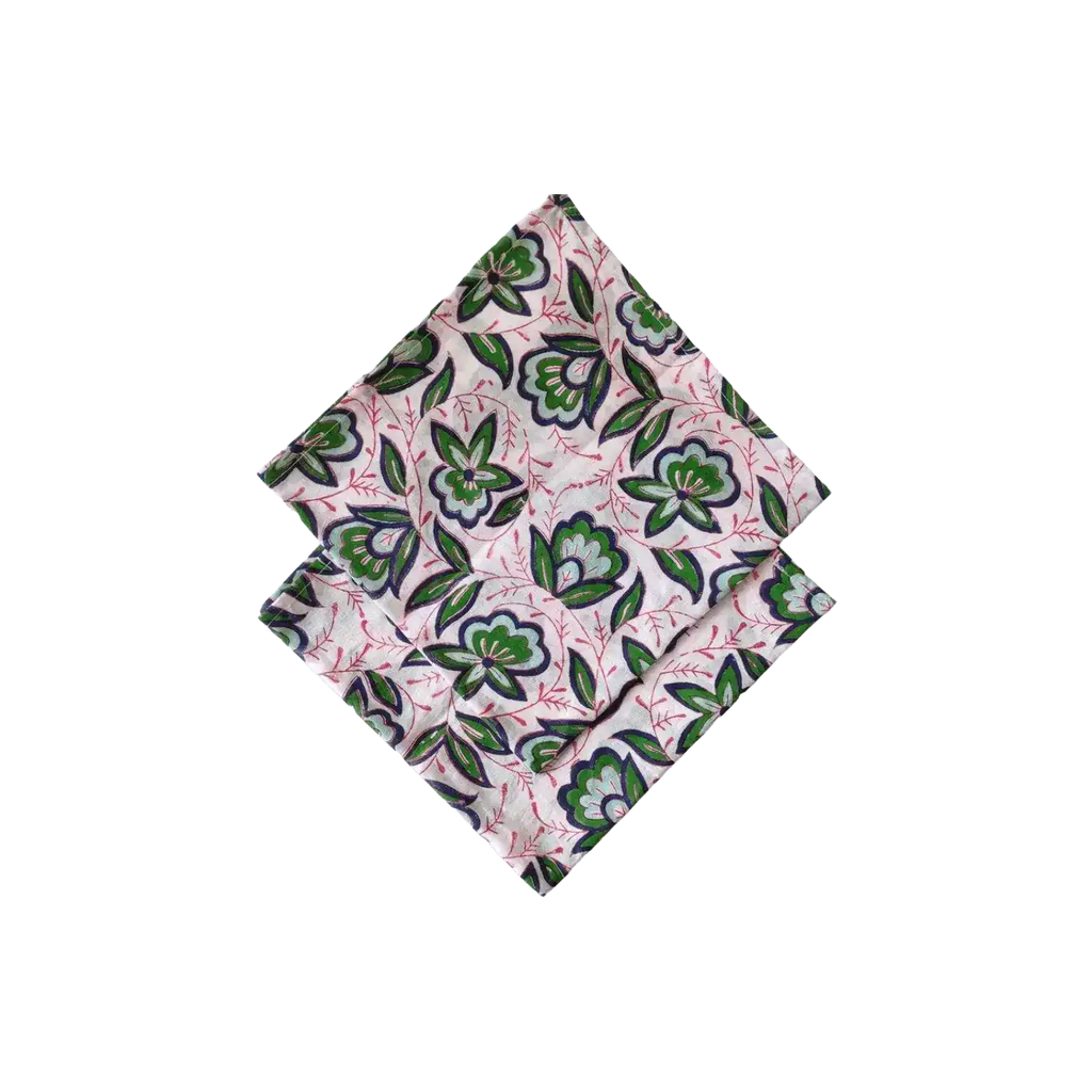 Pink and Green Floral Block Printed Cotton Napkins