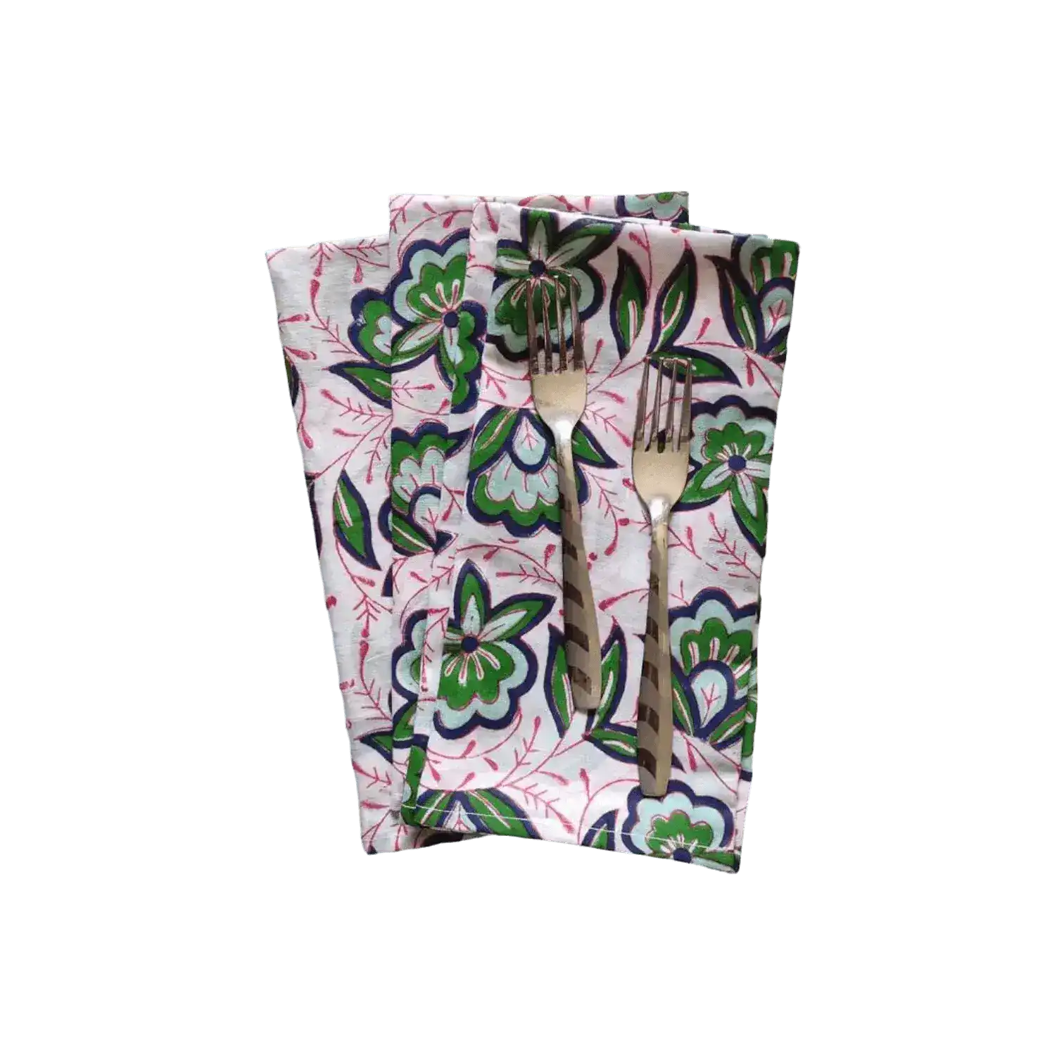 Pink and Green Floral Block Printed Cotton Napkins