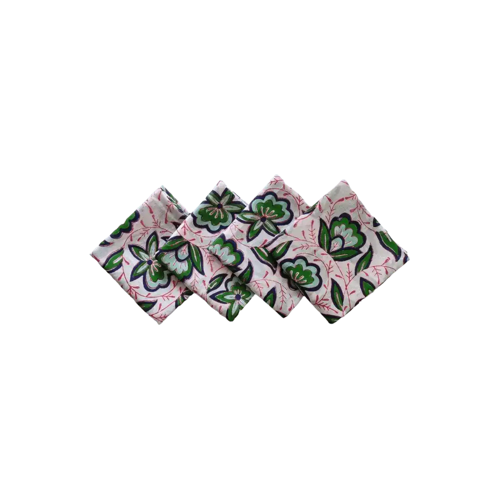 Pink and Green Floral Block Printed Cotton Napkins