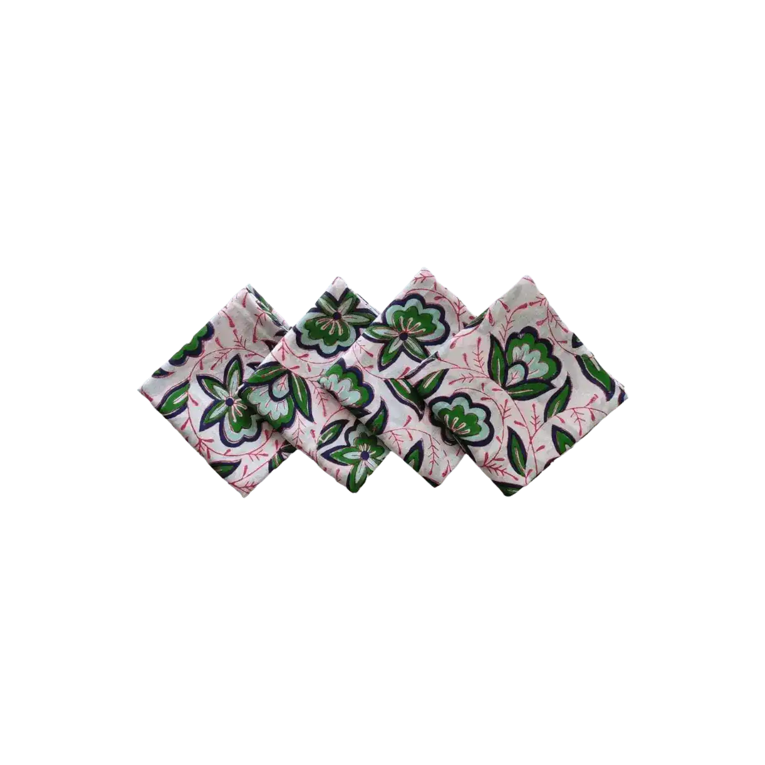 Pink and Green Floral Block Printed Cotton Napkins