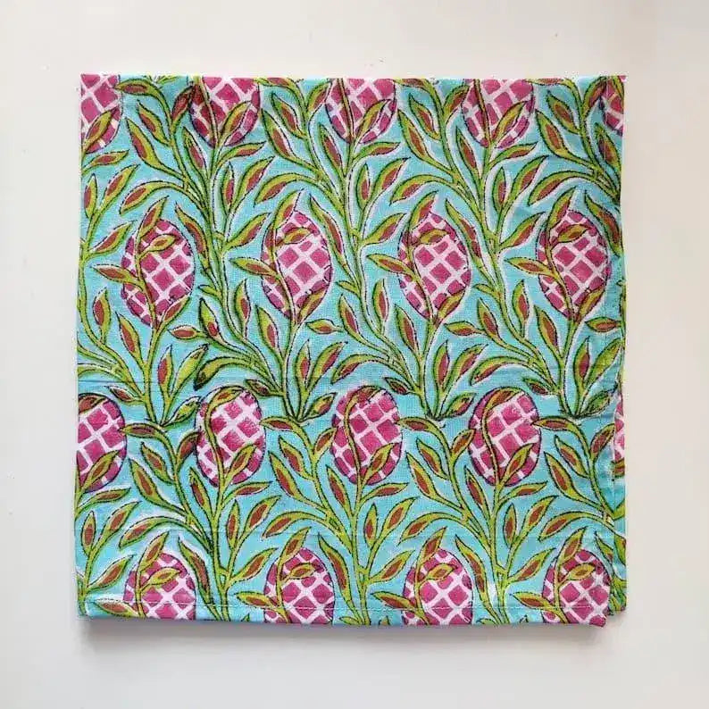 Pink and Green Floral Hand Block Printed Cotton Napkins