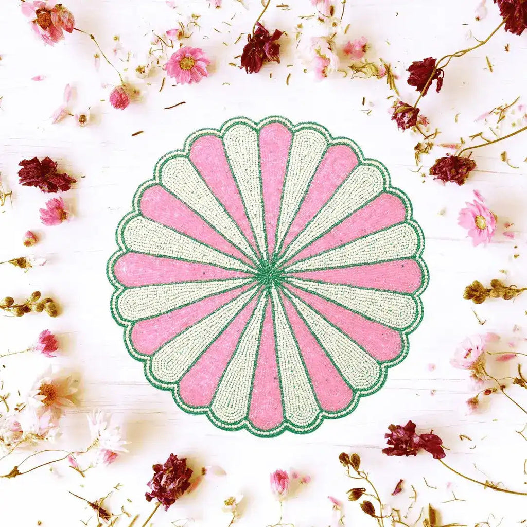 Pink and White Beaded Scallop Round Placemats