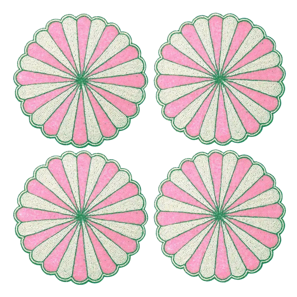 Pink and White Beaded Scallop Round Placemats