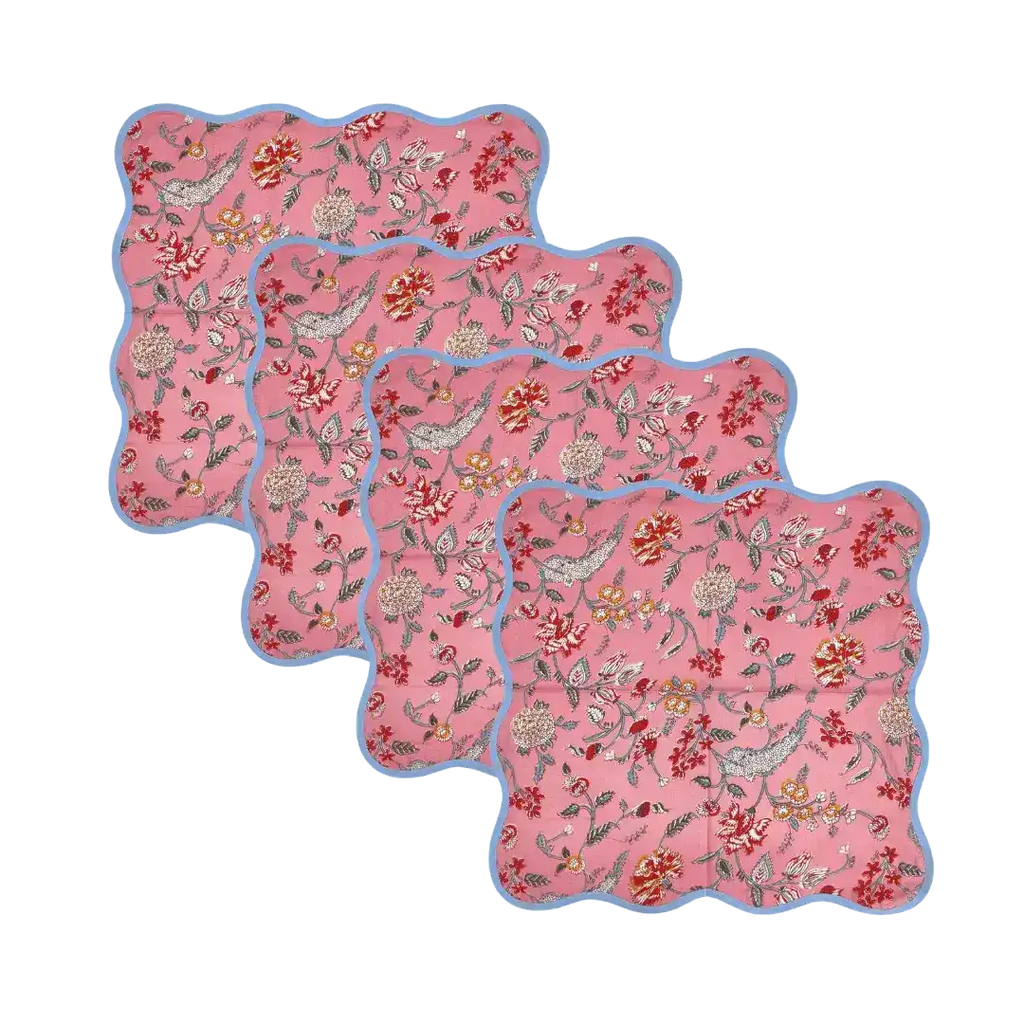 Pink Floral Block Printed Scalloped Cotton Napkins