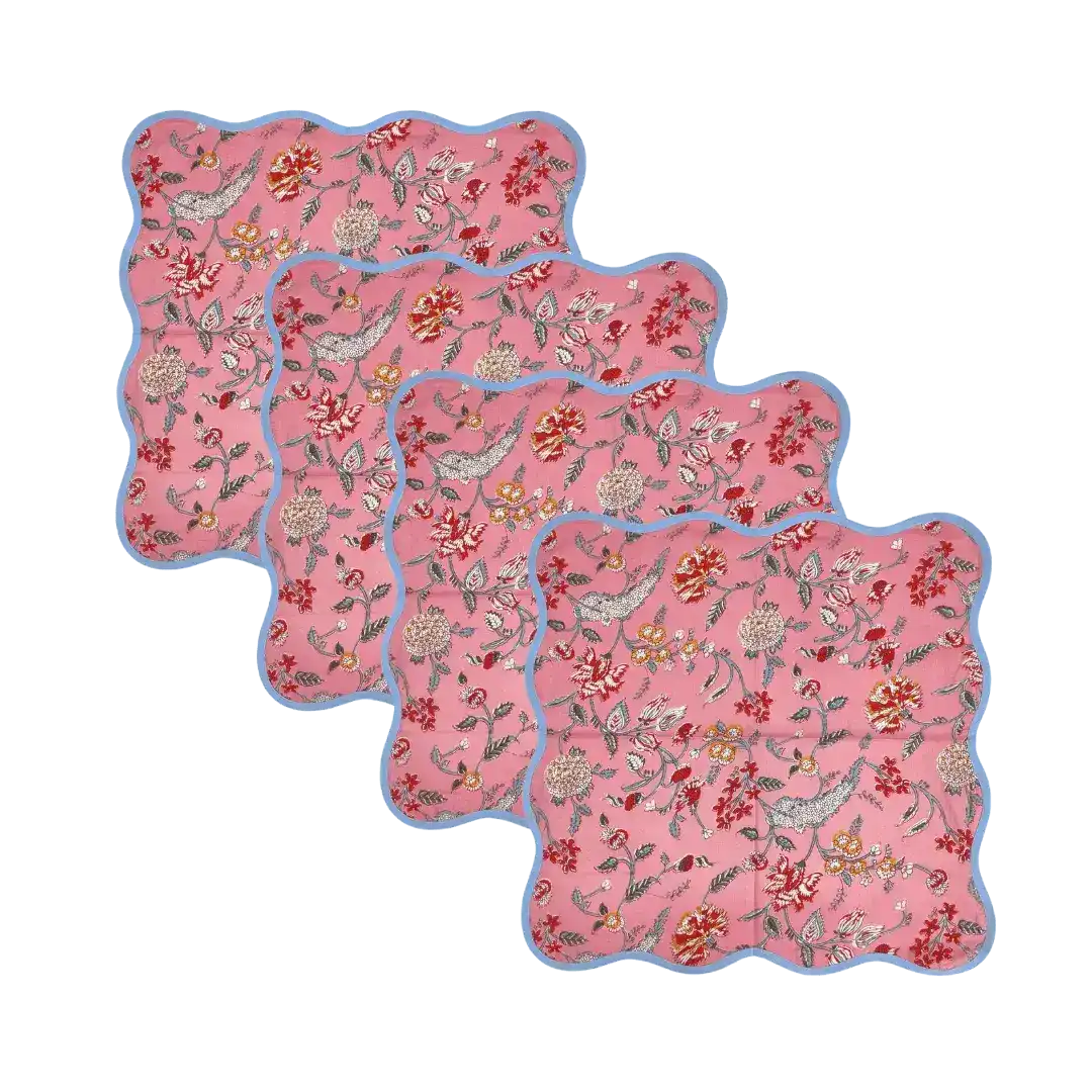 Pink Floral Block Printed Scalloped Cotton Napkins
