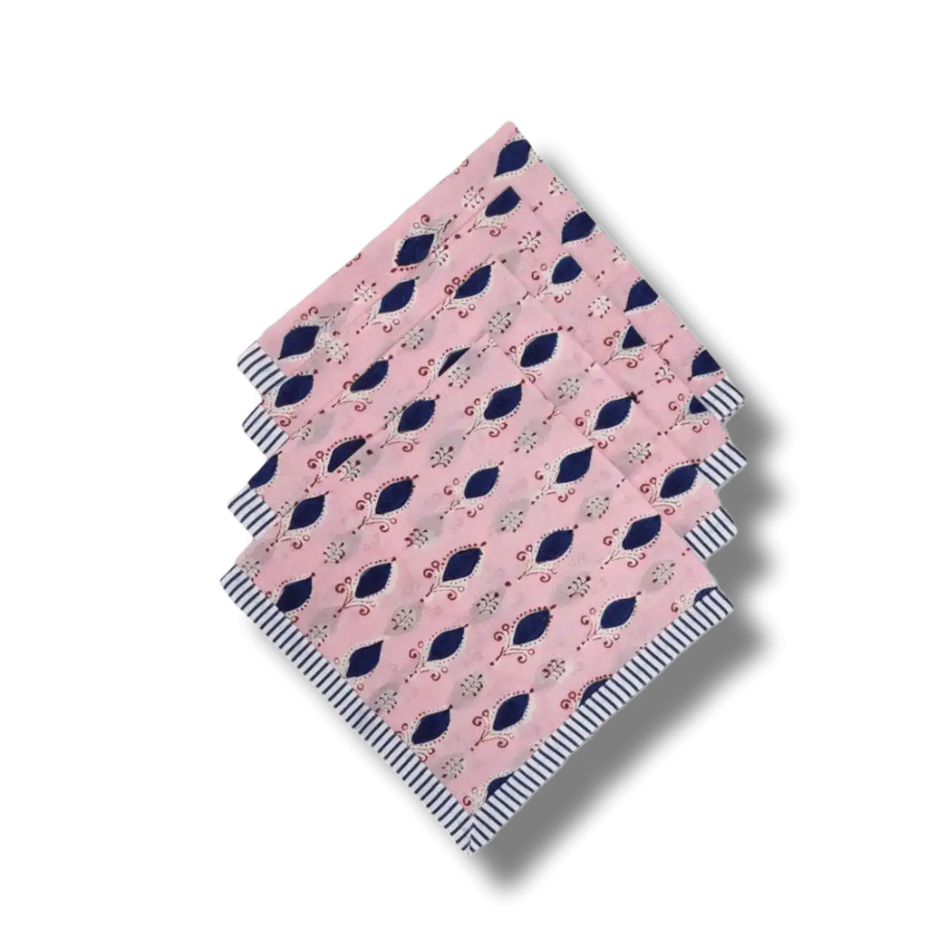 Pink Floral Indian Block Printed Striped Napkins