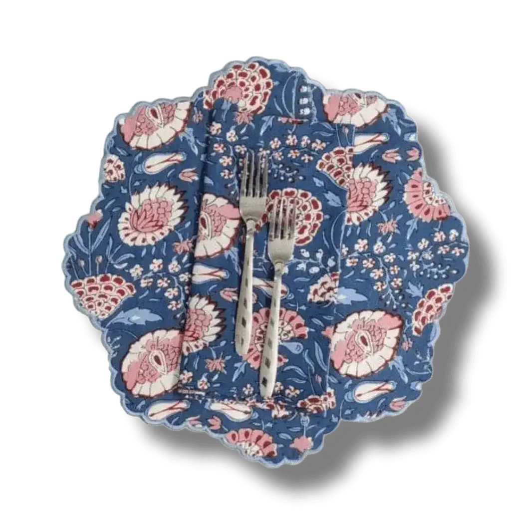 Pond of Flowers Block Printed Cotton Placemats and Napkins