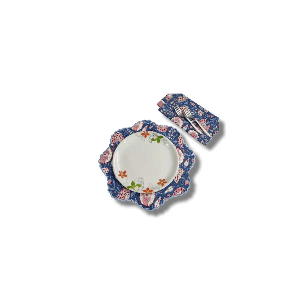 Pond of Flowers Block Printed Cotton Placemats and Napkins