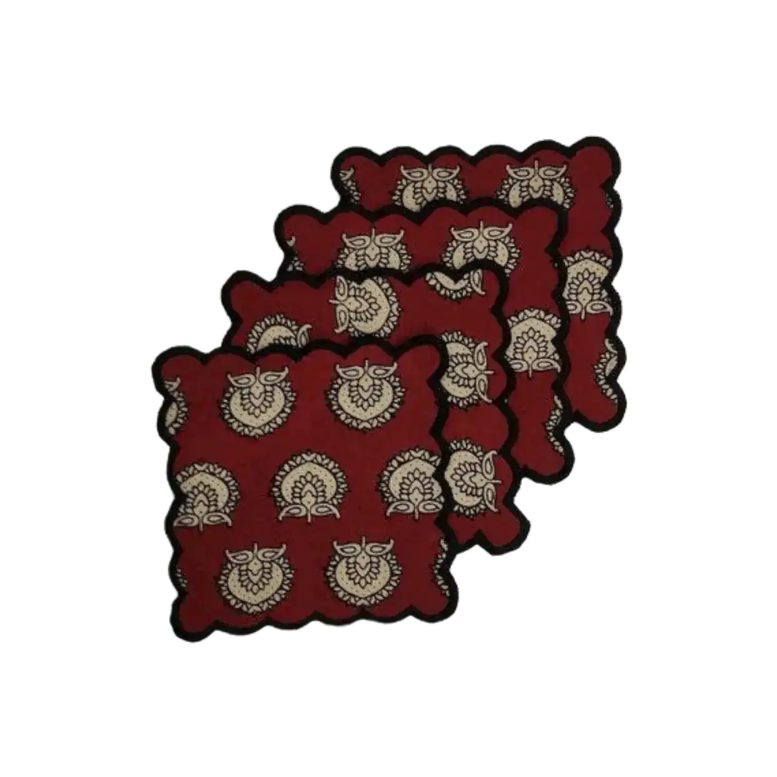 Red Block Printed Scalloped Cotton Napkins with Embroidered Trims