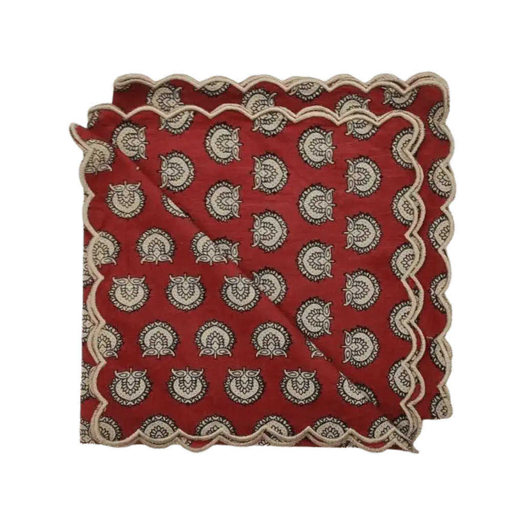 Red Block Printed Scalloped Cotton Napkins with Embroidered Trims