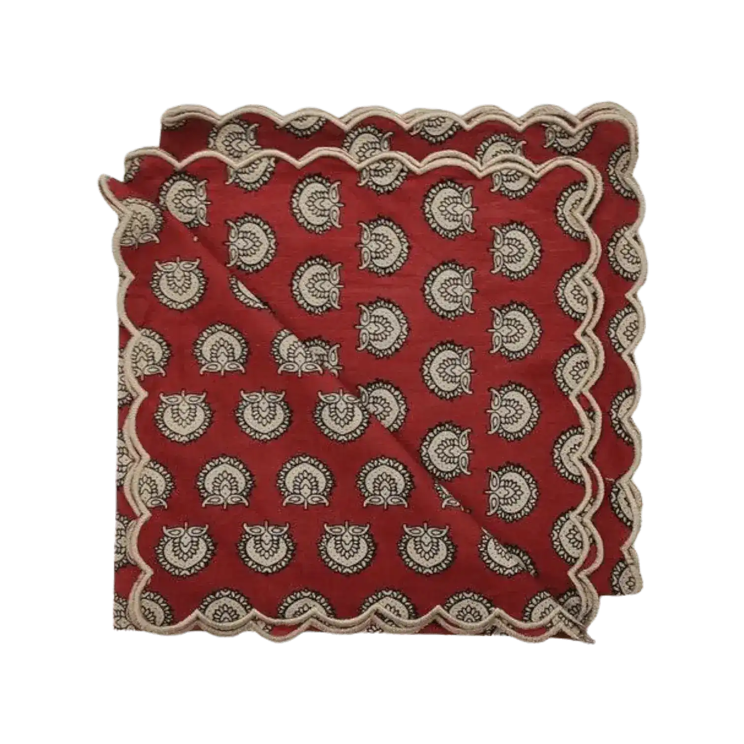 Red Block Printed Scalloped Cotton Napkins with Embroidered Trims