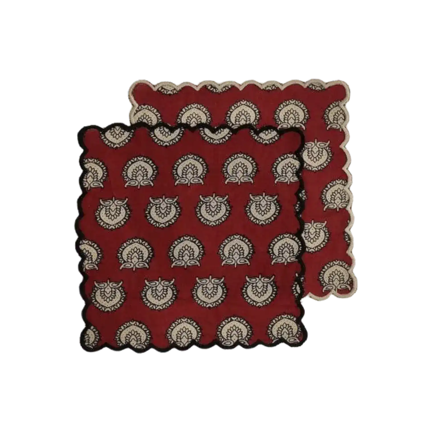 Red Block Printed Scalloped Cotton Napkins with Embroidered Trims