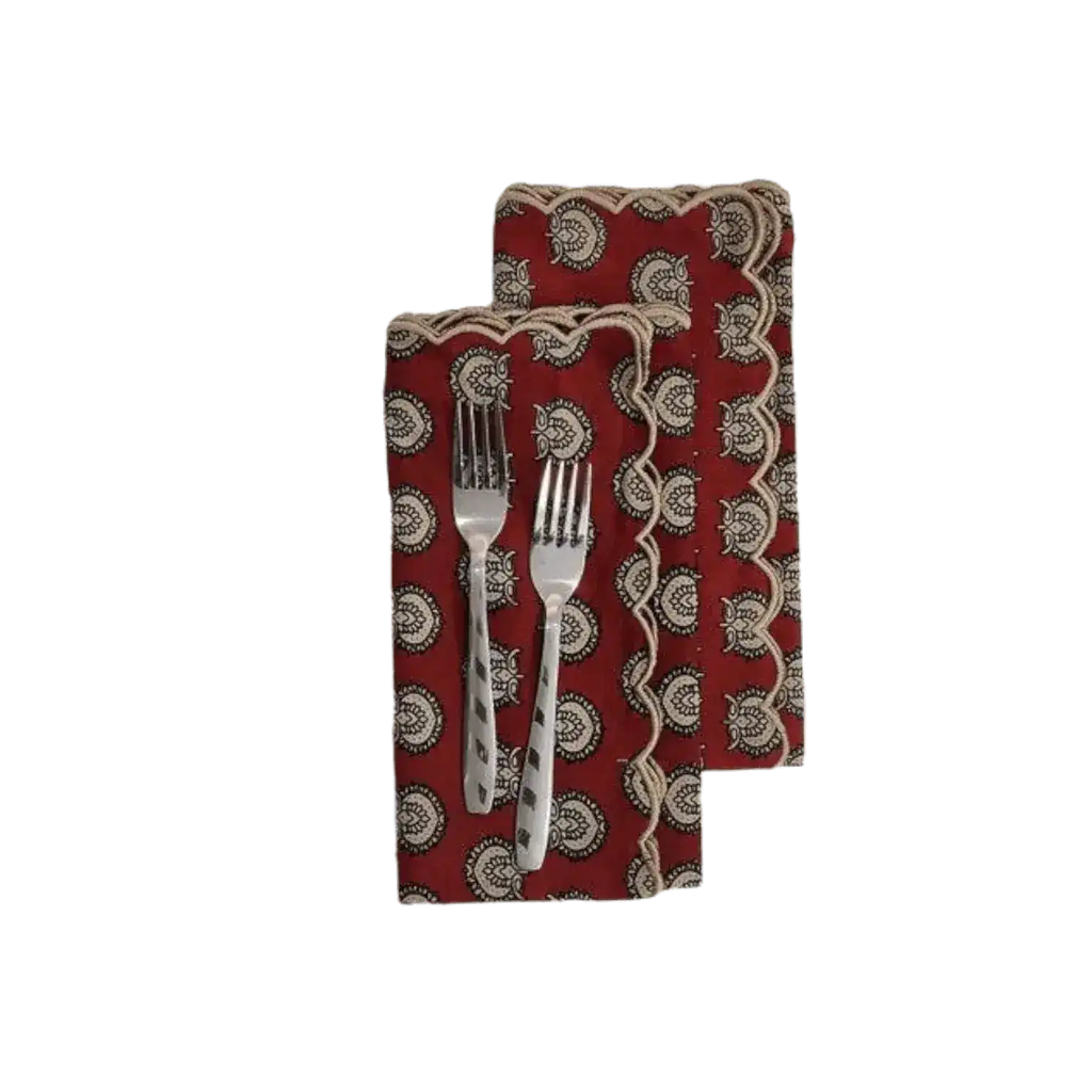 Red Block Printed Scalloped Cotton Napkins with Embroidered Trims