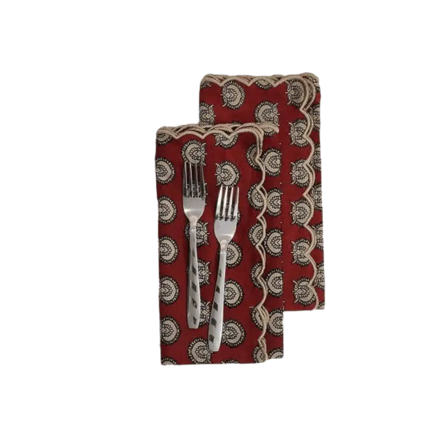 Red Block Printed Scalloped Cotton Napkins with Embroidered Trims