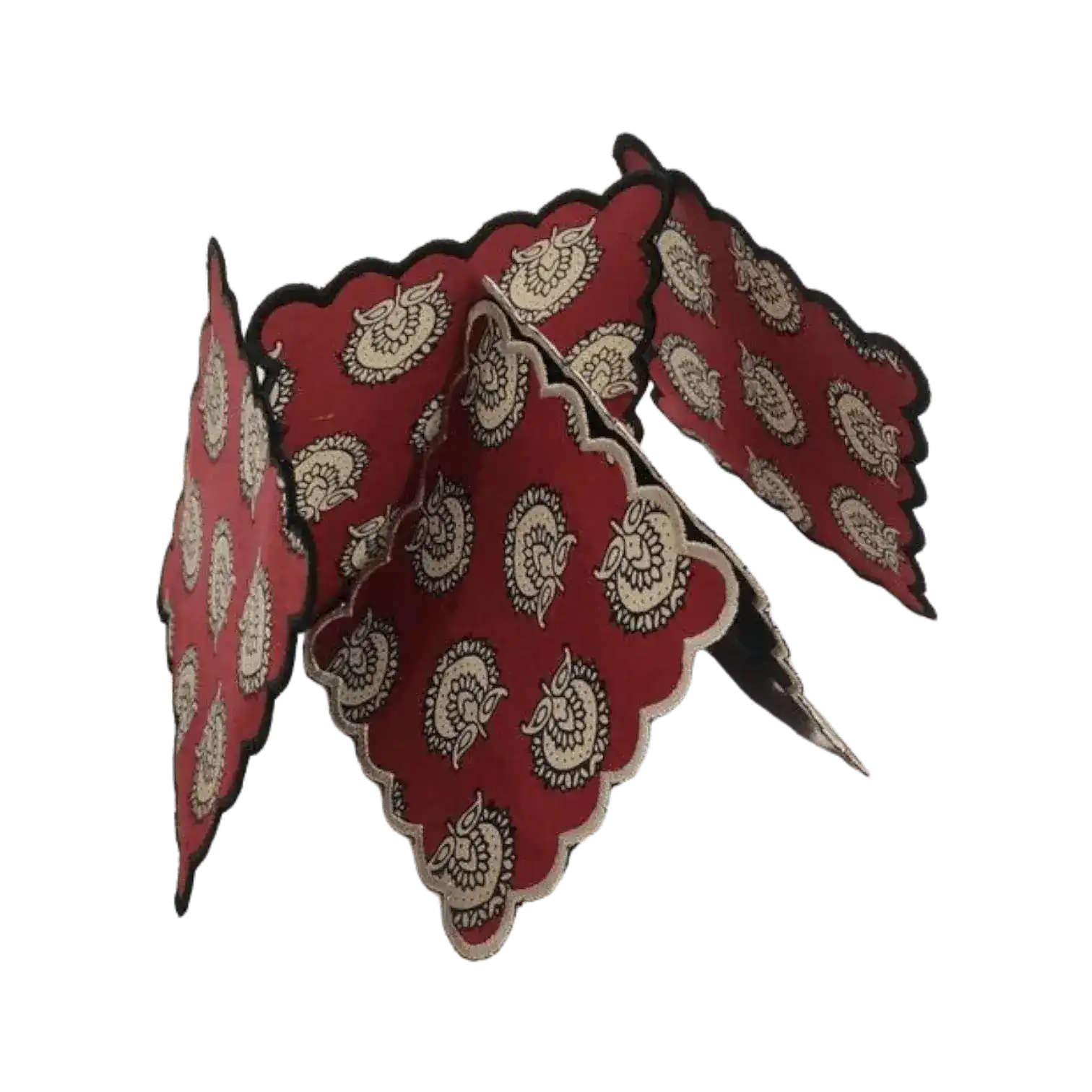 Red Block Printed Scalloped Cotton Napkins with Embroidered Trims