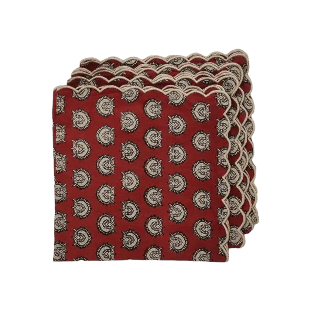 Red Block Printed Scalloped Cotton Napkins with Embroidered Trims