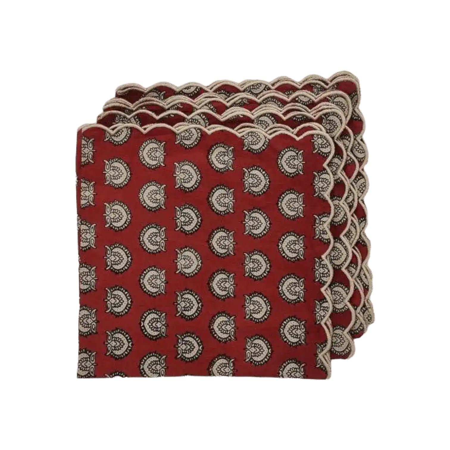 Red Block Printed Scalloped Cotton Napkins with Embroidered Trims
