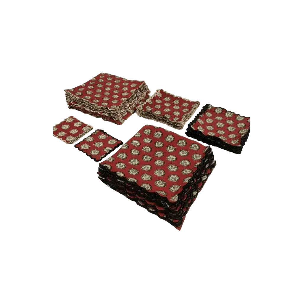 Red Block Printed Scalloped Cotton Napkins with Embroidered Trims