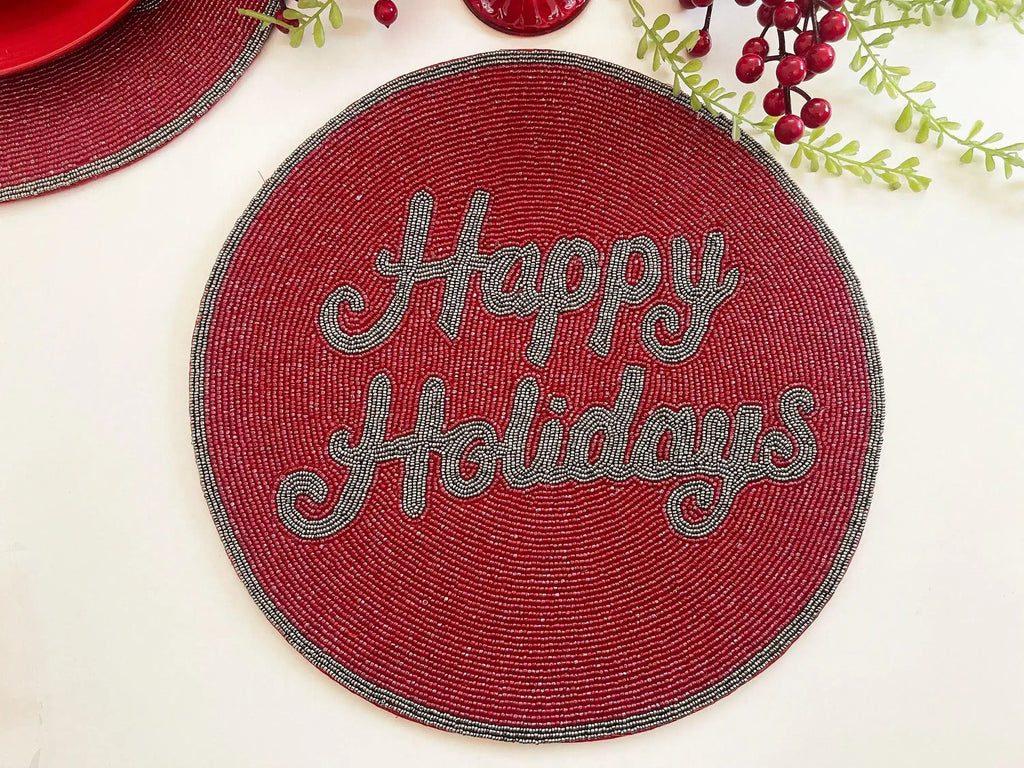Red Christmas Happy Holiday Round Beaded Placemats - Set of 6