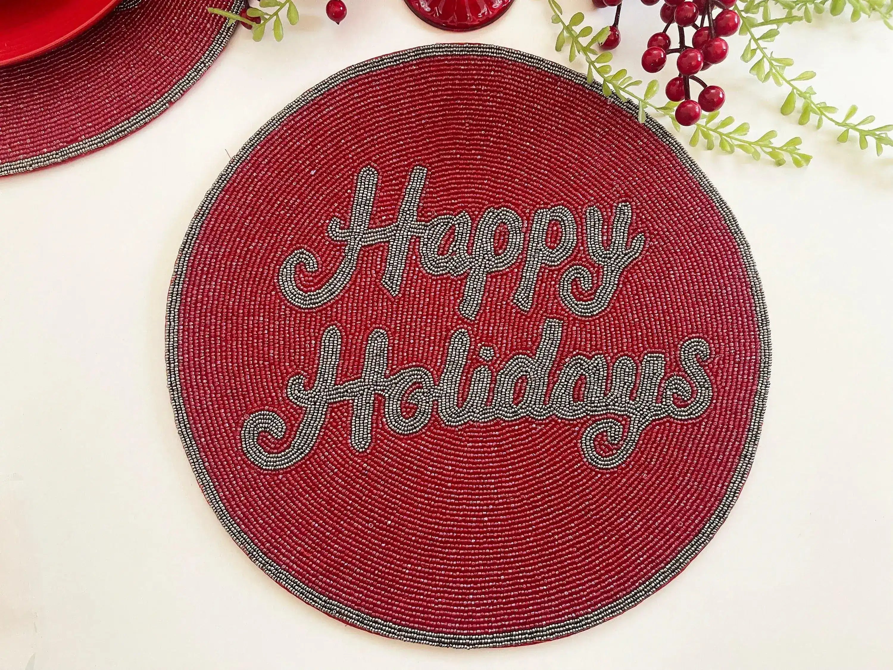 Red Christmas Happy Holiday Round Beaded Placemats - Set of 6